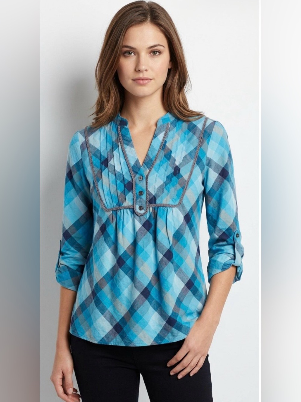 Sam & Max blue plaid roll tab sleeve shirt L